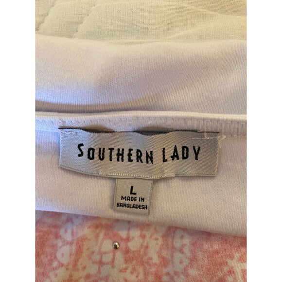 Southern Lady Blouse Sz Large Top White Pink Green Design + Stretch Casual Long - Picture 7 of 10